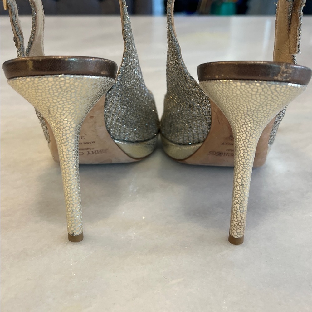 Jimmy Choo 38.5 8.5 Nova Champagne Glitter Gold Silver Peep Toe Sling Back Heels - Picture 6 of 12